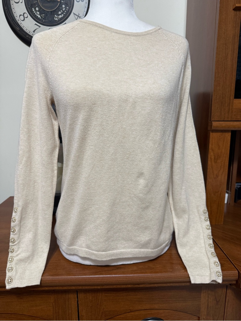 J. McLaughlin Cream Crewneck Sweater with Button-Trim Sleeves